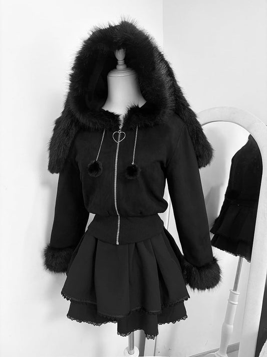 Hooded Fur Kei Warm and with Padded Short Collar Bunny Ear Jirai Black Jacket Cuffs