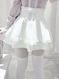Ryousangata Trim White Skirt High-Waist Rhinestone-Embellished Lace