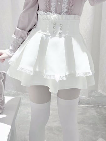 Ryousangata Trim White Skirt High-Waist Rhinestone-Embellished Lace