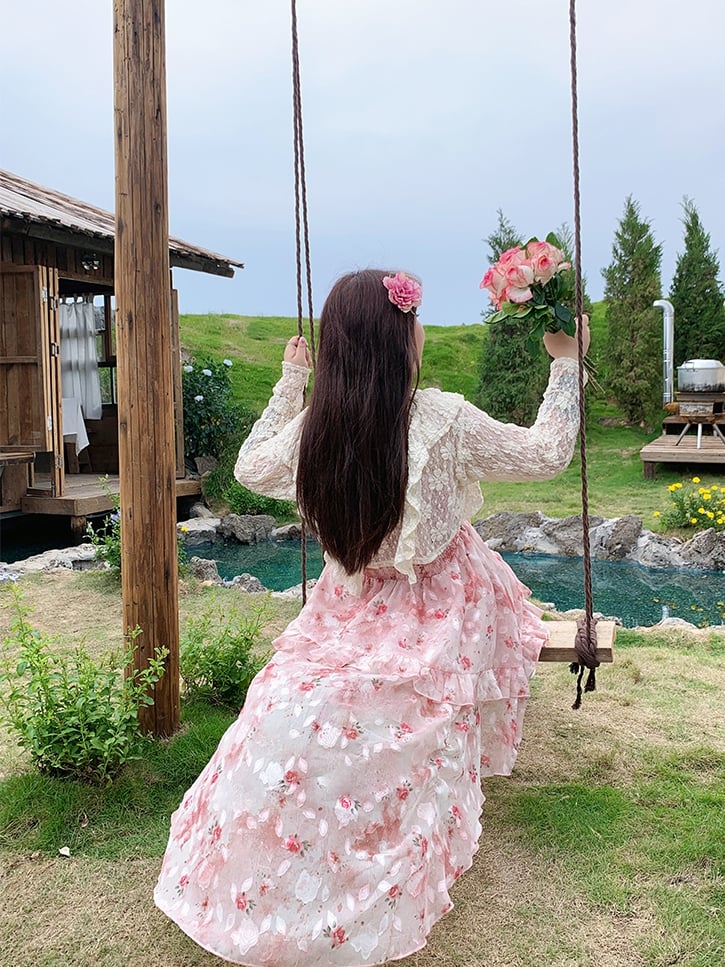 Rock High-Low-Rosettendruck Camisole Rosa Rüschen Übergröße Baskentaille Kaskadenkleid