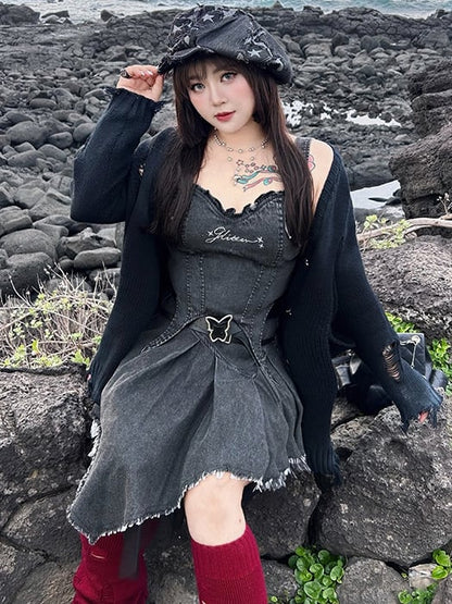 Plus Size Dark Grey Y2K Distressed Holes Loose Cardigan