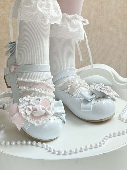 - Low Heels Pink mit Clip Style Lolita Sweet A Candy-Decorated Heart Shoe Bow Blue