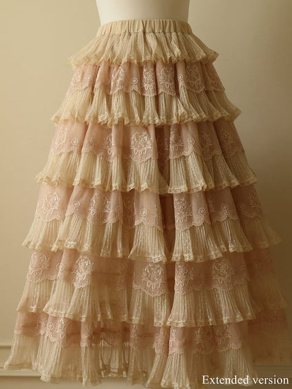 Tulle Details Skirt Beige Elegant Flower Embroidery with Pink Lolita Multi-Layered