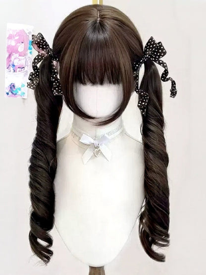 Brown 72cm Roman Curly Twin Tails Wig Full Bangs