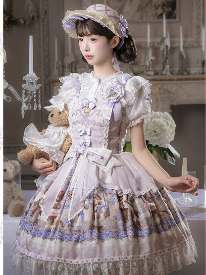 Cute Bear & Flower Pattern Sweet Purple Lolita JSK Gown - Stars Fall on the Foggy Island