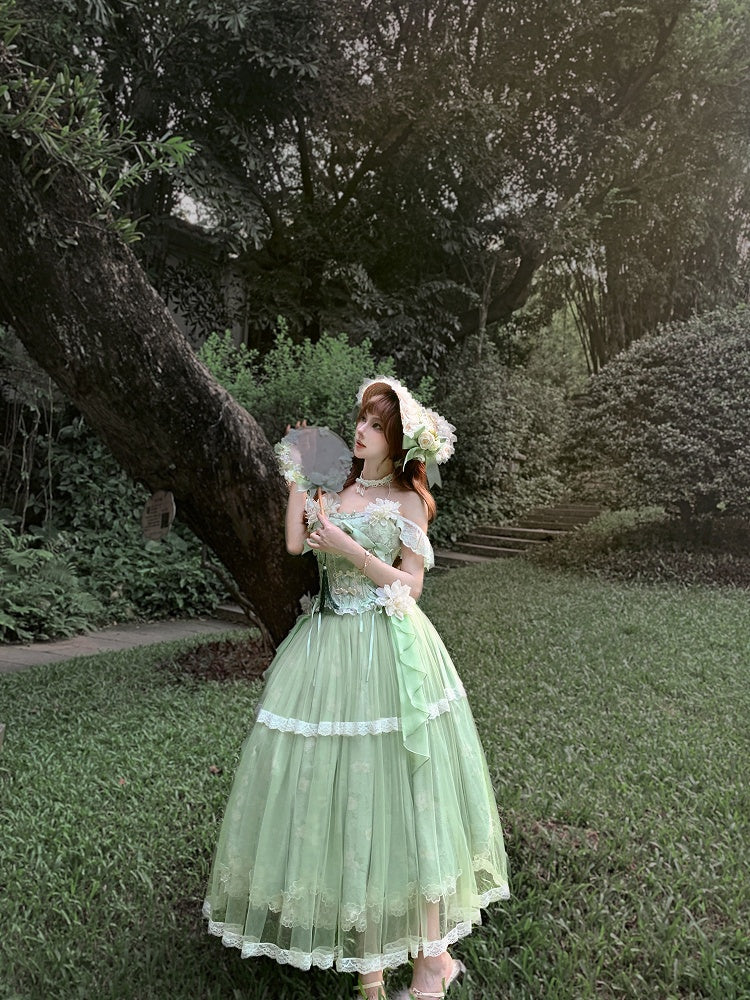 Version Long Floral + Lolita Green Top Frog Skirt with Jasmine-Embellished Buttons Corset Print