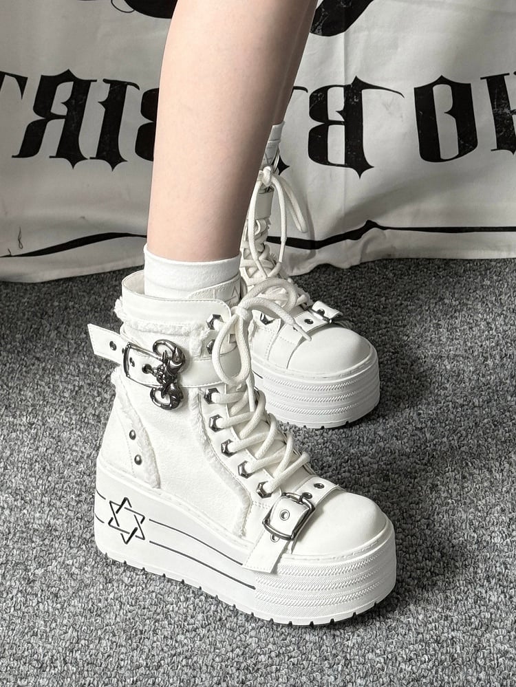 Weiße Stiefel – Hexagram Bullhorn Punk-Obermaterial aus Canvas mit Plateausohle und Schnürverschluss