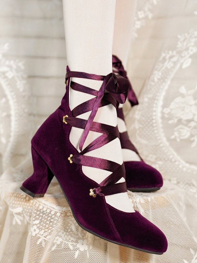 Purple lace-up ribbon heels worn front view