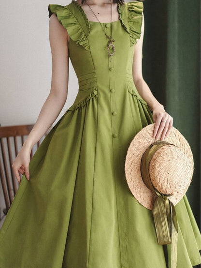 Robe d'été verte rétro à volants - Forest Wardrobe