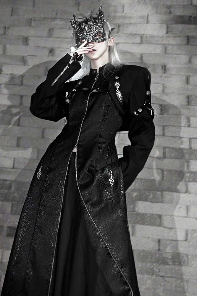 Black Unisex Gothic Snakeskin-Grain Long Coat with False Two-Piece Design & Dual Zips - Wu Xiang Gui Shi