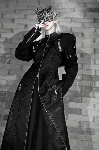 Black Unisex Gothic Snakeskin-Grain Long Coat with False Two-Piece Design & Dual Zips - Wu Xiang Gui Shi