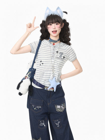 Gray Striped Short Sleeve Hoodie with Kitty Ears - Languid Park