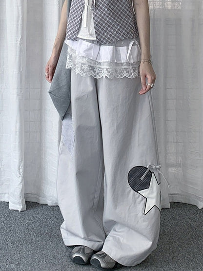Casual Gray Curved Wide Leg Pants with Star and Heart Pattern - Solkatt
