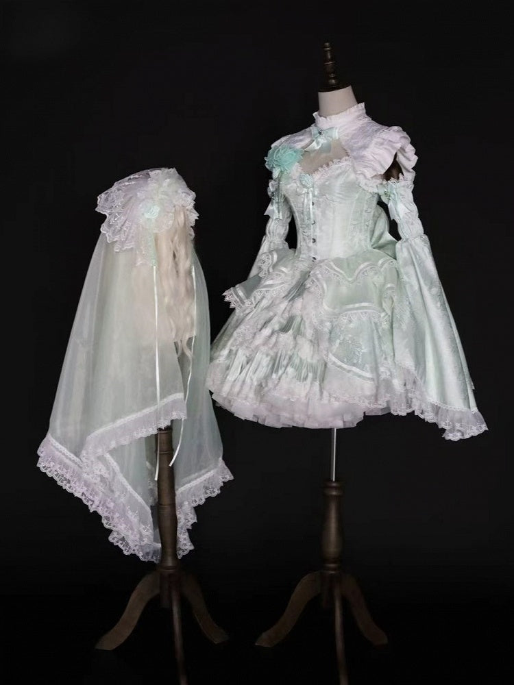 Elegant Boned Corset Top with Skirt Collar Bell Sleeves and Accessories Full Set in Light Green - Somnium Isle