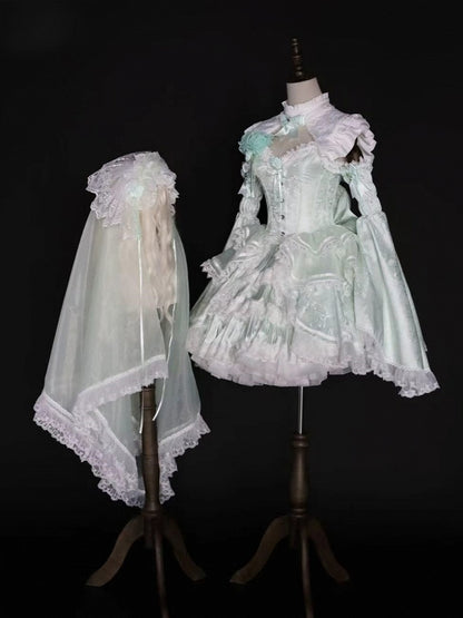 Elegant Boned Corset Top with Skirt Collar Bell Sleeves and Accessories Full Set in Light Green - Somnium Isle