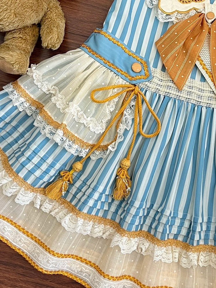 Striped Low Waist Sailor Lolita Dress with Embroidered Collar - Twin Bear Original Design