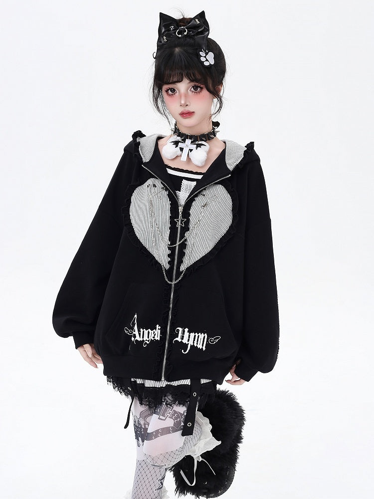 Black/Gray Ruffle Trim Zip-Up Hoodie with Bunny Ears and Sweetheart Applique