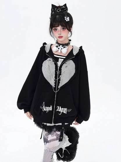 Black/Gray Ruffle Trim Zip-Up Hoodie with Bunny Ears and Sweetheart Applique