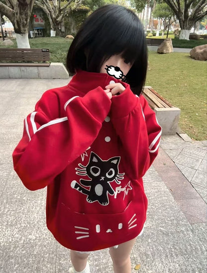 / Fleece-lined Front Adorable Partial Black with Embroidery Cat Sweatshirt Red Snap