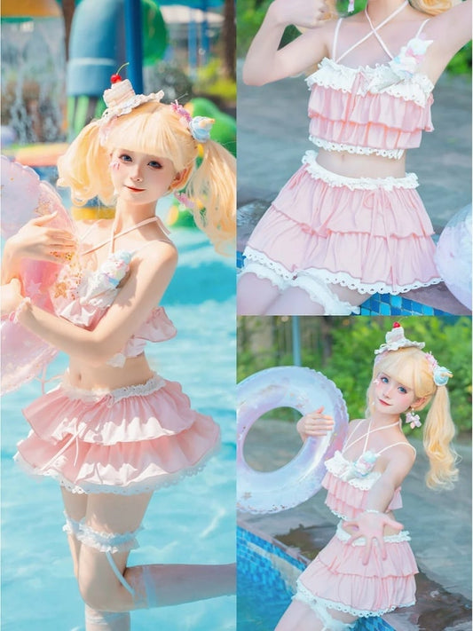 ピンクのティアードフリルディテールレーストリム水着 蝶結び