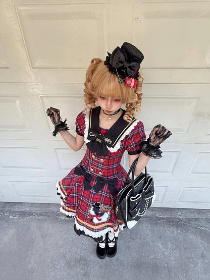 Trim Lace Black Red Sweet Plaid Lolita Dress with Patch Puppy and