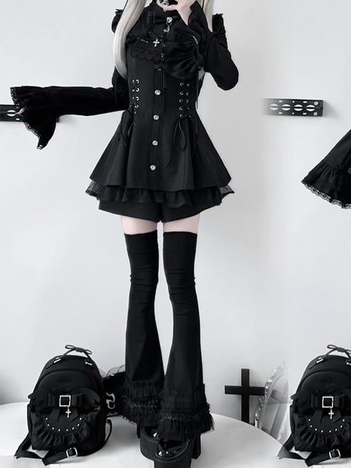Matching Set: Sleeve Waist Shorts Bell Detachable Coord Tie Bow Lace-Up with Bib Jirai Kei Dress Black