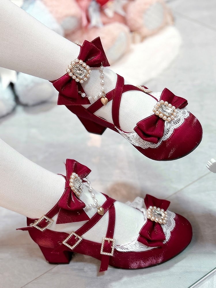 Lace with Edging Sweet Lolita Beaded Mary Heart Mid-heel Chain Jane Red Shoes Decor in Bows