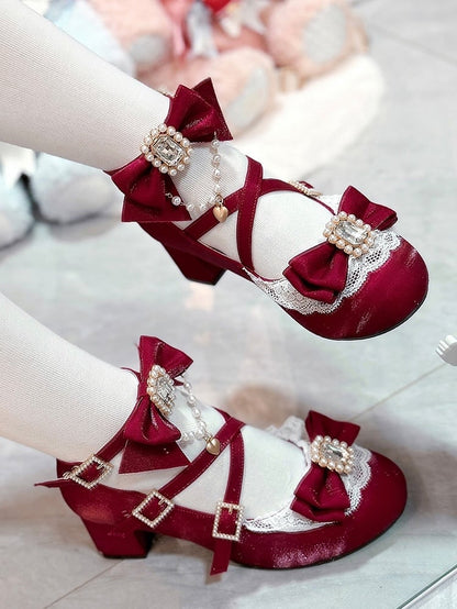 Lace with Edging Sweet Lolita Beaded Mary Heart Mid-heel Chain Jane Red Shoes Decor in Bows