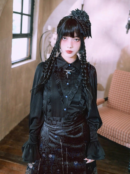 Black Balloon Sleeve Shirt with Ruffle Decoration - Quirky Hut