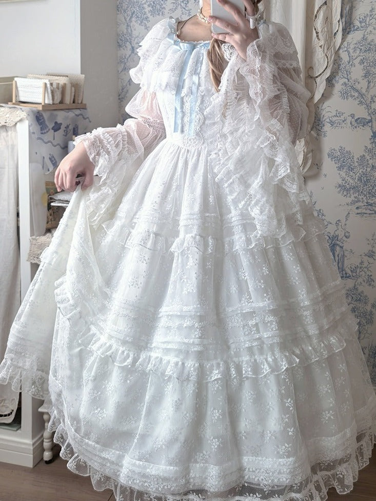 Classic White & Blue Lolita Long JSK Gown with Butterfly Bow and Layered Skirt - Miss Cube Dressworks