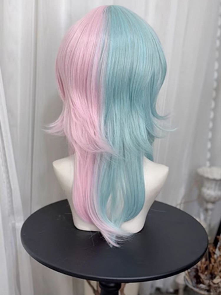 45cmストレートカラースタイル、グリーンピンクの王子ウィッグ、前髪スプリット