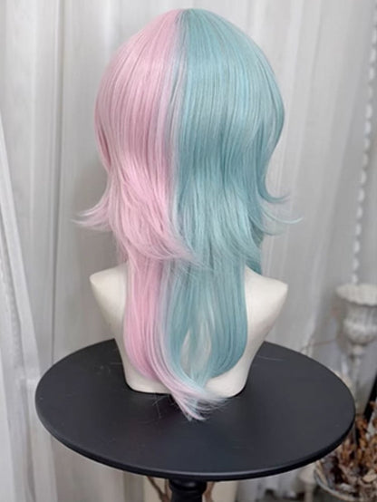 45cmストレートカラースタイル、グリーンピンクの王子ウィッグ、前髪スプリット