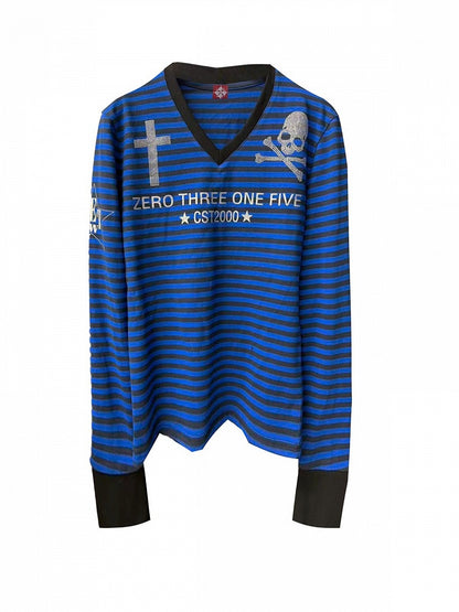 Genderless Black & Blue V-Neck Striped Long Sleeve Top Cross Skull Rhinestone