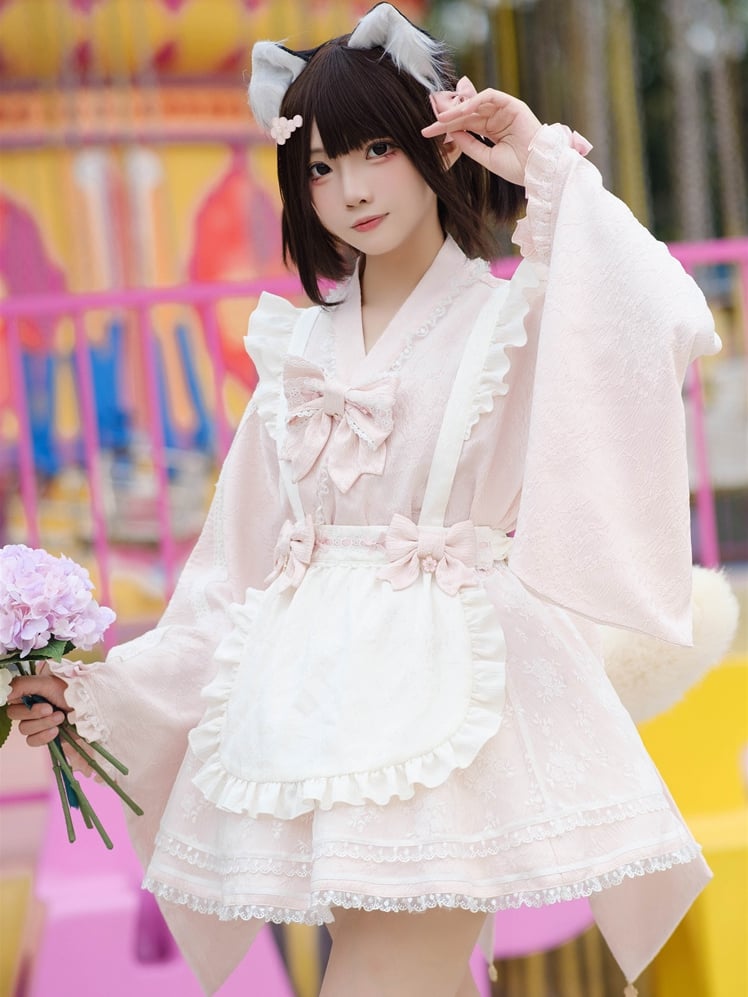 Wa Kei Pink Set-Bell Full Style Jirai Ärmel Blütenschürze Kleid + Flatteroutfit Festival Cherry