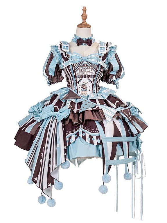 Brown Skirt Sleeves Detachable with Embroidery Dress Circus Lolita Jumper Bunny Blue Sweet Puff and