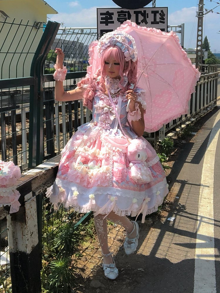 Blue & Pink Strawberry Cake Print Flutter Sleeve Lolita JSK - Ball Lolita