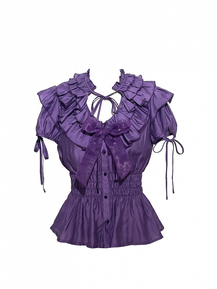 Gothic Lolita Ruffles Waist Purple Neckline with Elastic Layered Smocked Blouse