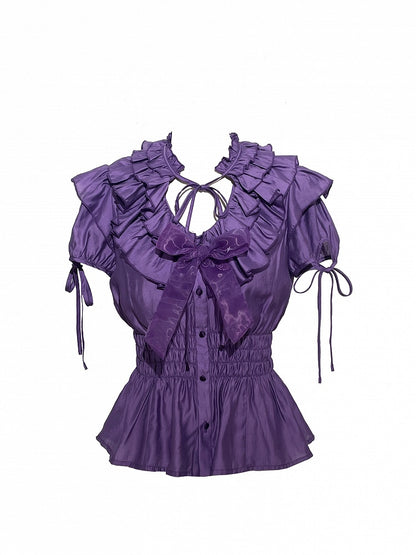 Gothic Lolita Ruffles Waist Purple Neckline with Elastic Layered Smocked Blouse