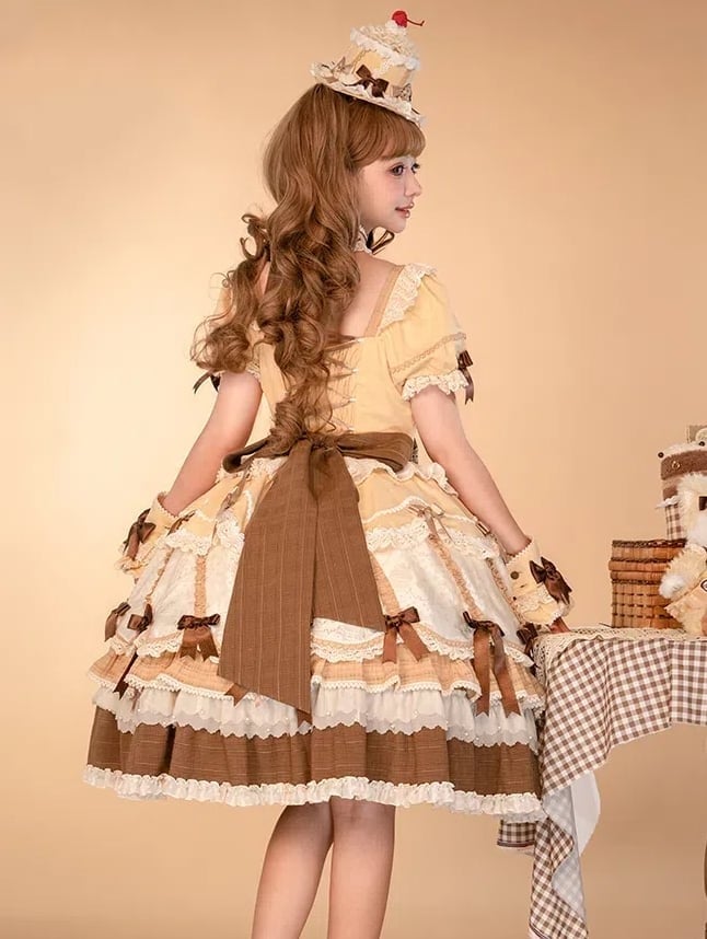 Puff Lolita Yellow and Square Neckline Bowknot Sweet Sleeves Details Dress