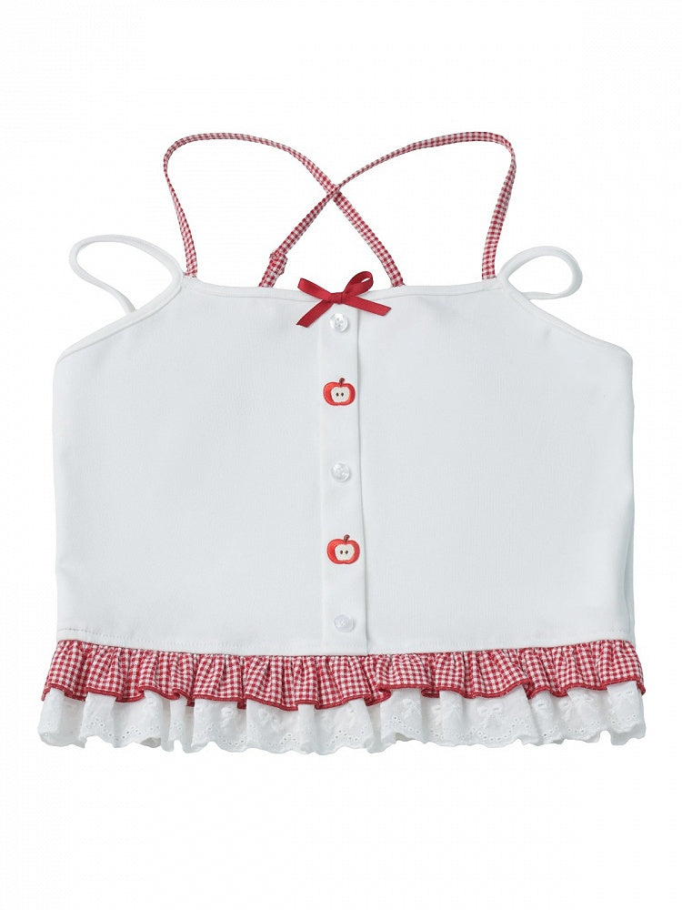 White Cami Top with Gingham and Lace Trim - PINK SAVIOR