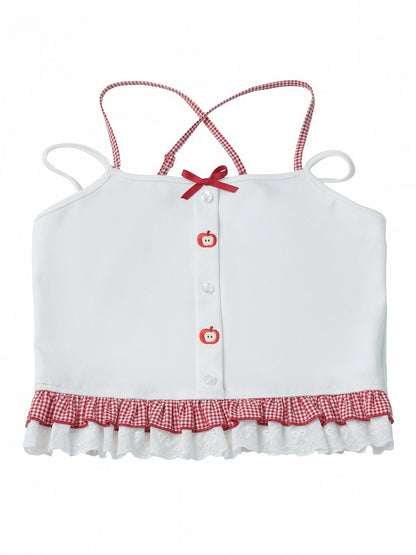 White Cami Top with Gingham and Lace Trim - PINK SAVIOR