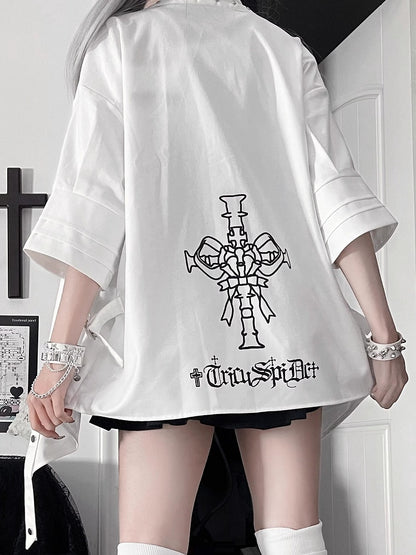 Collar White Shirt Asymmetrical Short-Sleeve Studded Hem with Punk