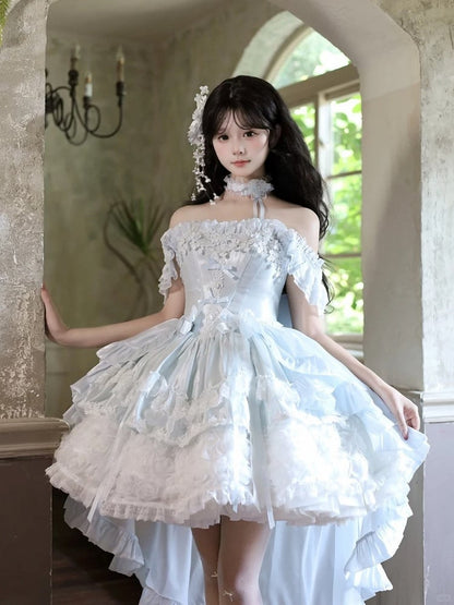 Hime Basque Flower Lace Layered Fluffy Lolita Dress Blooming with Blue Accents Waist | Sheer Ocean