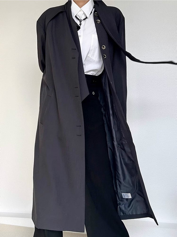Button Gray Tie Long Trench Lolita Vintage with Cuffs Ouji Coat Neck