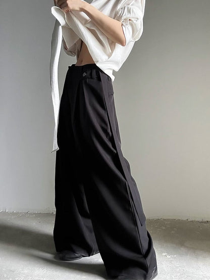 Ouji Ties Side Fit with Relaxed Black Long Wide-Leg Unisex Lolita Pants