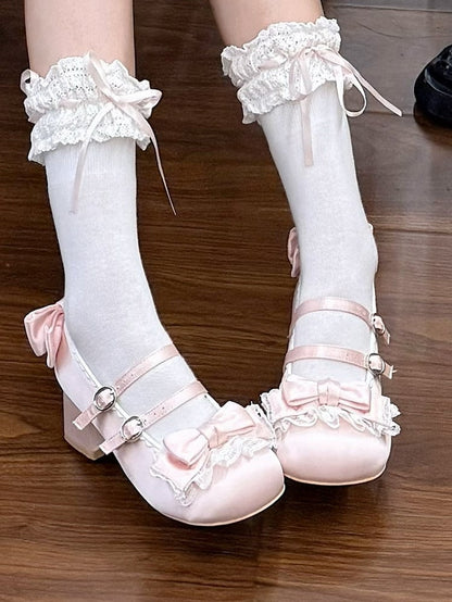 - Mid-heel Edging Lace Janes Mary Lolita Ruffled Sweet Pink
