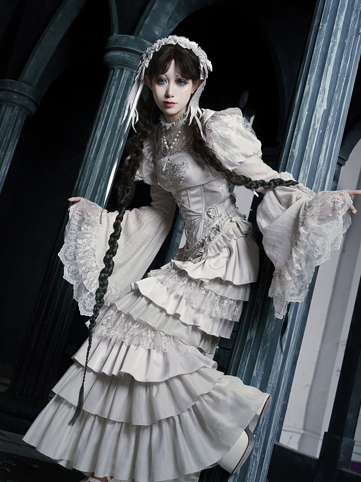 Patched Bell Silver Neckline Blouse Lace Sleeves Gothic