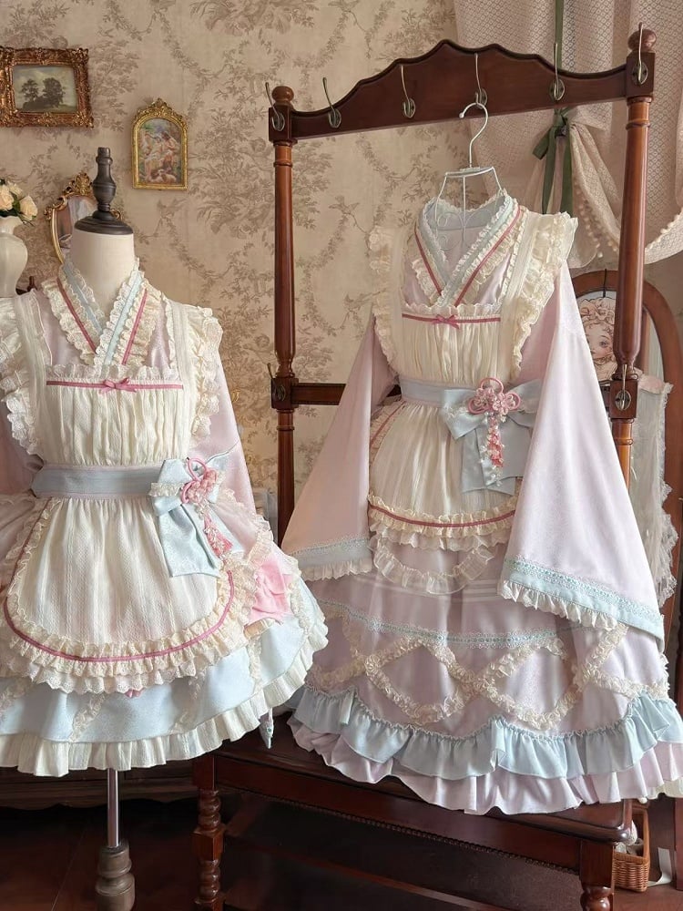Hanfu-Inspired Lolita Top Set with Long Ruffle Skirt & Apron in Pink Blue - Berry Story Lolita