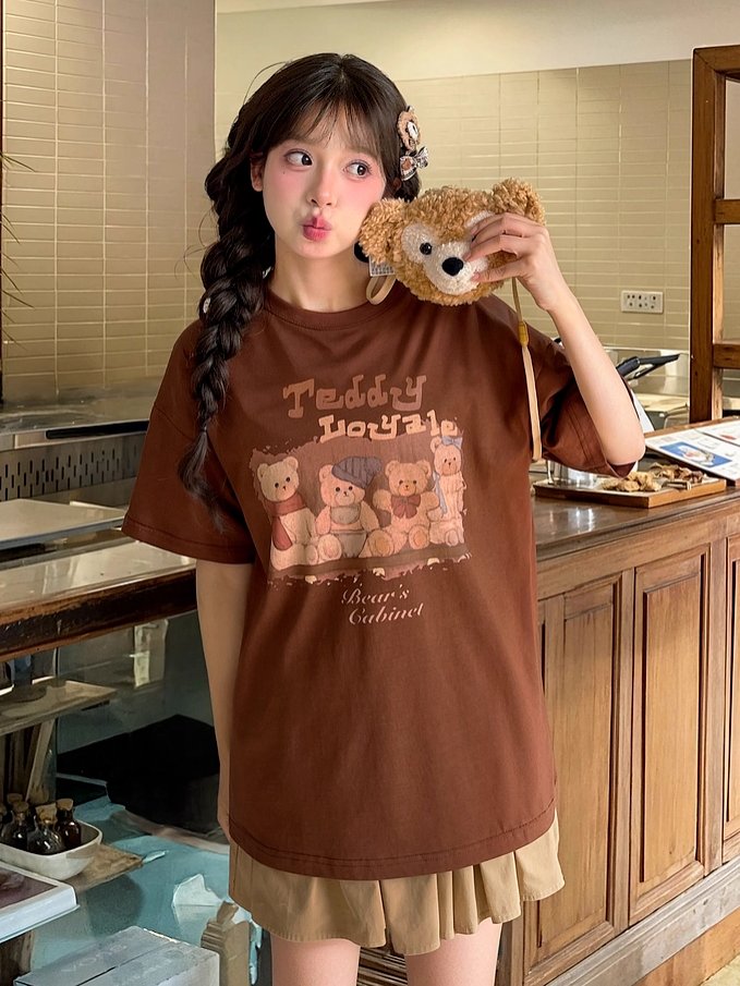 Teddy Bear Print Brown Adorable Loose T-shirt Neck Plushie with Mushroom Round