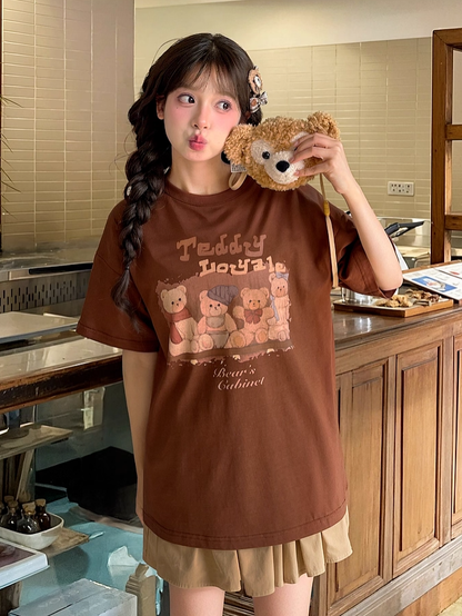 Teddy Bear Print Brown Adorable Loose T-shirt Neck Plushie with Mushroom Round